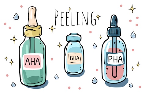 aha-bha-pha-peeling Illustration mit drei Fläschchen mit der Aufschrift AHA, BHA, PHA